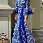 Greek Island Satin Unique Floral Print Tassel Belted Wrap Maxi Dress
