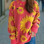 Sunflower Jacquard Crewneck Long Sleeve Knit Pullover Sweater