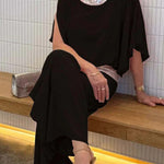 Stylish Sequin Patchwork Dolman Sleeve Top and Elastic Waist Wide Leg Pants Set