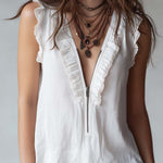 Zipper Neck Ruffle Cotton Linen Tank Top