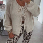 Stylish Solid Color Crew Neck Lace-up Sweater