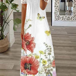 Boho Floral V Neck Button Lace Sleeve Holiday Beach Maxi Dress