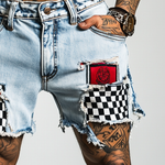 Men's Ripped Check Denim Shorts