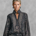 Women's Vintage Paisley Print Stand-up Collar Long Sleeve Shirt Trousers Two-piece Set