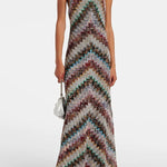 Jodie Knit Colorful Herringbone Print Halter Open Back Maxi Dress