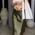 Olive Green Satin Midi Skirt with Side Slit