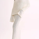Marisol Ribbed Boucle Material Draped Off Shoulder Stretch Vacation Maxi Dress