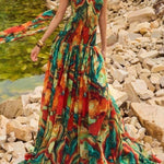 Vacay Vibes Colorful Lava Print Off Shoulder Smocked Scarf Maxi Dress