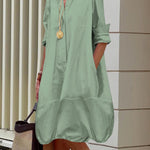 Long Sleeves Loose Solid Color Lapel Collar Midi Dresses Shirt Dress