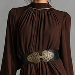 Women's Vintage Brown Milk Silk Stand-collar, Waist-cinching, Split-hem Long Dress