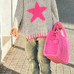 Warm Winter Day Texture Knit Star Pattern Contrast Color Loose Sweater