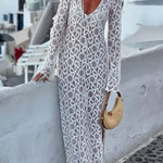 Santorini Sunset Floral Lace Long Sleeve Slit Vacation Maxi Dress