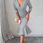 Bodycon Elasticated Waist Interlace Solid Color Split-Joint Split-Side Deep V-Neck Midi Dresses
