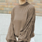 Simple Solid Color Puff Sleeve Mesh Splicing Chiffon Shirt