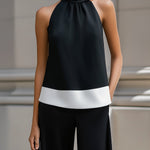 Contrast Hem Halter Neck Blouse & Wide-Leg Pants Set