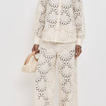 Lillah Embroidered Lace Shell Pattern Long Sleeve Loose Blouse