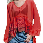 Fashionable Patchwork Lace Batwing Sleeve Loose Beach Cover Up