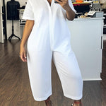 Loose Short Sleeves Buttoned Solid Color Lapel Jumpsuits