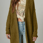 Green Casual Open Front Long Knit Cardigan