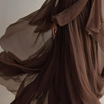 Women's Rich Brown Chiffon Dress With Flowy Maxi Silhouette & Cape-like Design, Modern Elegant-Glam Style Dress