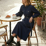 Puff Sleeves Belted Buttoned Pockets Split-Joint Lapel Midi Dresses
