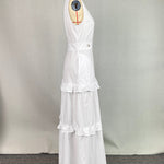 A-Line High Waisted Buttoned Pleated Pockets Solid Color Split-Joint V-Neck Maxi Dresses