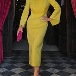 Flared Sleeves High Waisted Buttoned Solid Color Mock Neck Midi Dresses