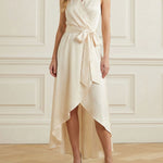 High-Low Loose Ruffle Trim Solid Color Tied Waist V-Neck Maxi Dresses
