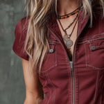 Vintage Short-sleeved Zippered Placket Denim Blouse