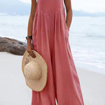 Ethnic Button Suspender Wide Leg Line Jumpsuit