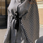Batwing Sleeves Long Sleeves Houndstooth Tied Waist Stand Collar Cape Outerwear