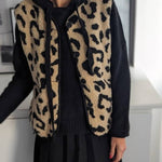 Women's Leopard Print Front Opening Casual Autumn and Winter Vest Jacket