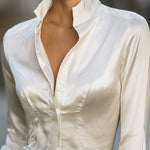 Vintage-Inspired Bell-Sleeve Satin Blouse