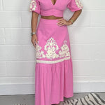 Stylish V-neck Puff-sleeved Crop Top and Elastic Waist Paneled Maxi Skirt Set