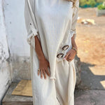 Jamilah Linen Blend Ring Detail Midi Blouse and Elastic Waist Pocketed Loose Pants Set