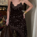 Soraia Velvet Sequin Lace Trim Irregular Hem Slip Mini Dress