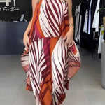 Edina Unique Print High Low Halter Loose Top and Elastic Waist Pocketed Wide Leg Pants Set