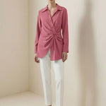 Long Sleeves Wrap Asymmetric Knot Pleated Lapel Blouses&Shirts Tops