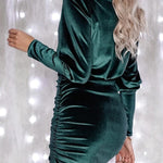 Green Velvet Puff Sleeve Ruched Bodycon Dress