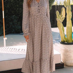 Smoke Gray Dotty Print Button V Neck Long Sleeve Ruffled Dress