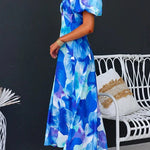 V Neck Twist Front Puff Sleeves Floral Print Midi Dress