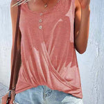 Kink T-Shirt Solid Color Cross Button Round Neck Sleeveless Tank Top