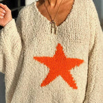 Warm Winter Day Texture Knit Star Pattern Contrast Color Loose Sweater
