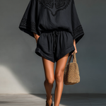 Women's Minimalist Embroidered Blouse And Drawstring Shorts Set