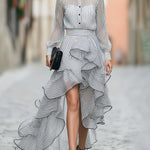 Striped Button-Front Ruffled High-Low Shirt Dress