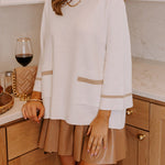 Class Act Knit Contrast Color Trim Mock Neck Pockets Sweater