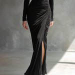 Women's Black Elegant Jersey Off - Shoulder Ruched Slit Maxi Dress