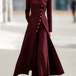 High Waisted Long Sleeves Buttoned Solid Color Split-Front Round-Neck Midi Dresses