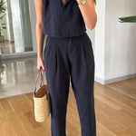 Casual Solid Lapel Vest & Pants Cotton Linen Two-piece Set