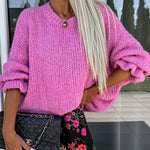 Solid Color Round Neck Ruffled Long Sleeve Knitted Sweater